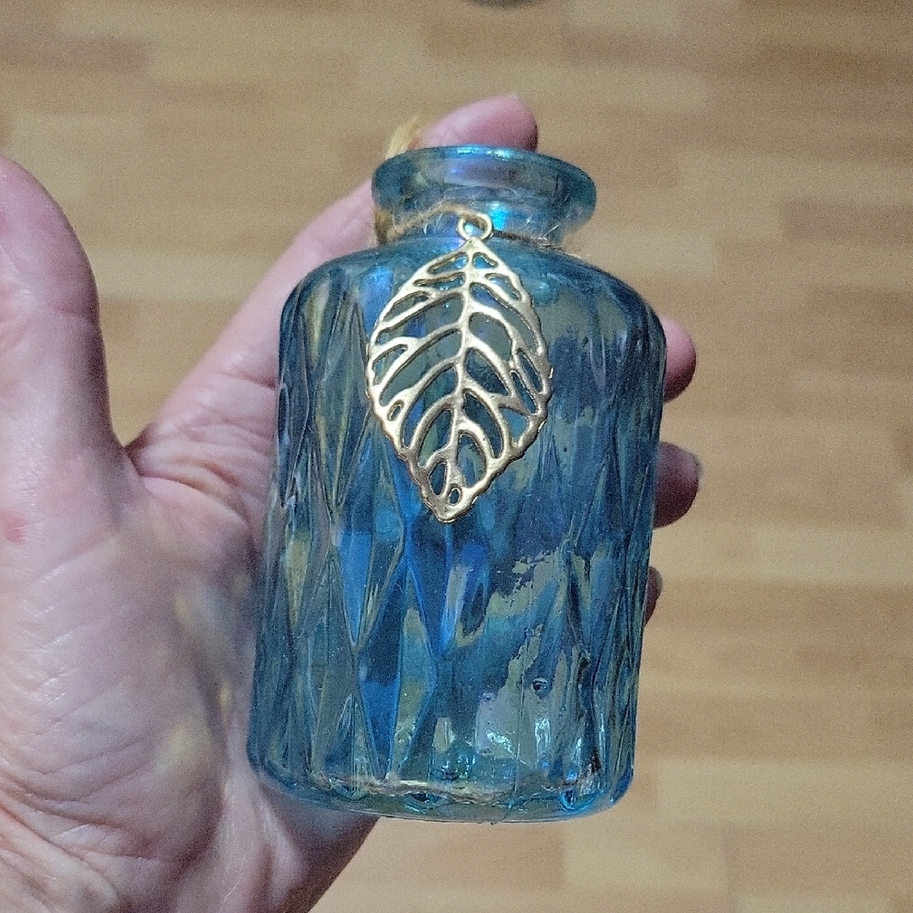 Blue Glass Vase with Gold Leaf Charm